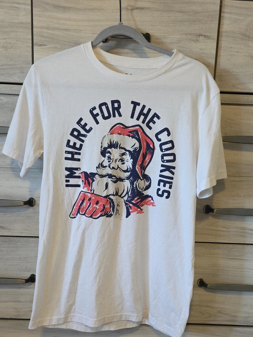 White Christmas Santa Graphic T-Shirt - "I'm Here for the Cookies"